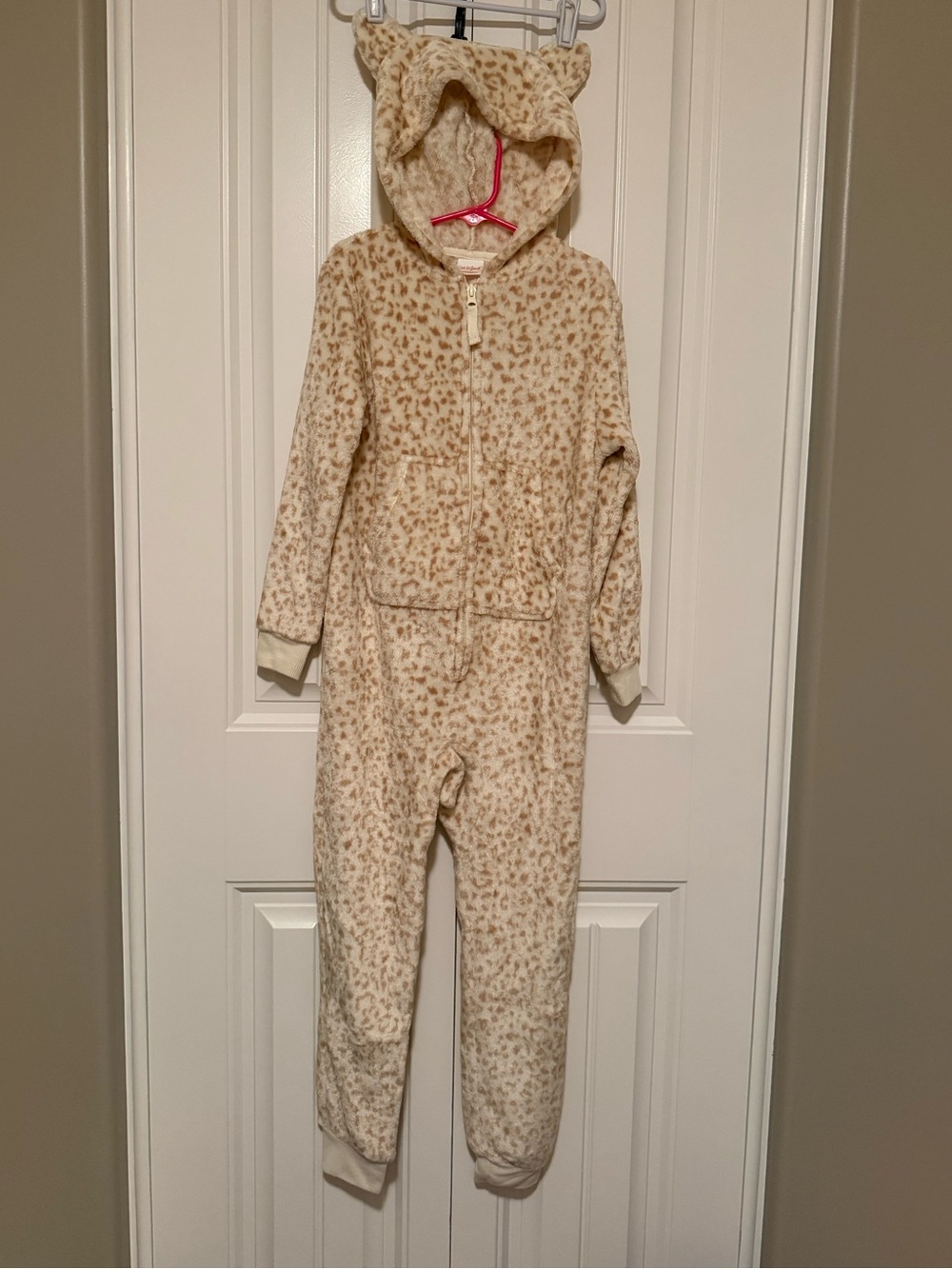Cat & Jack Cream Leopard-Print Fleece Kids Onesie with Hood - Size 6/7
